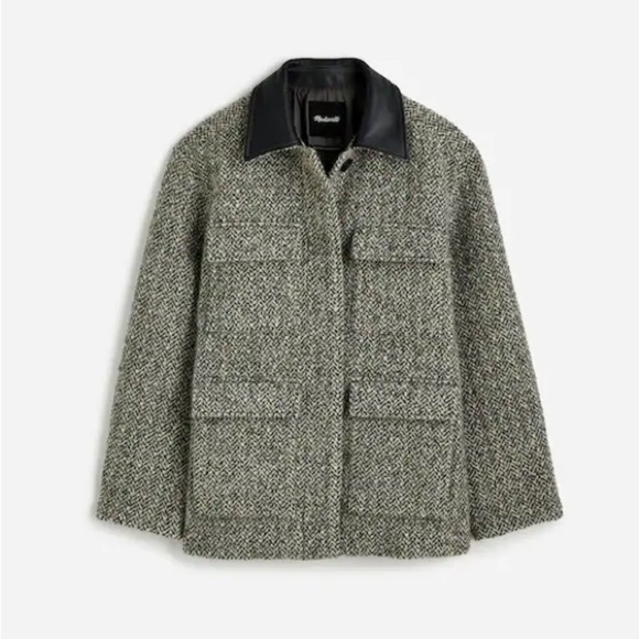 NWT Madewell Leather Collar Gray Textured Tweed Field Jacket, Size L - Picture 5 of 10